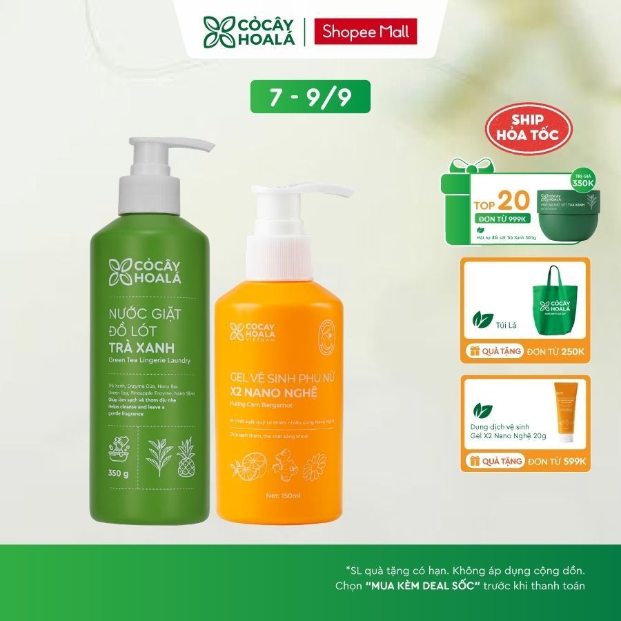 [HỎA TỐC] COMBO Nước Giặt Đồ Lót Trà Xanh Cỏ Cây Hoa Lá 350gr và Dung Dịch Vệ Sinh x2 Nano Nghệ 150m