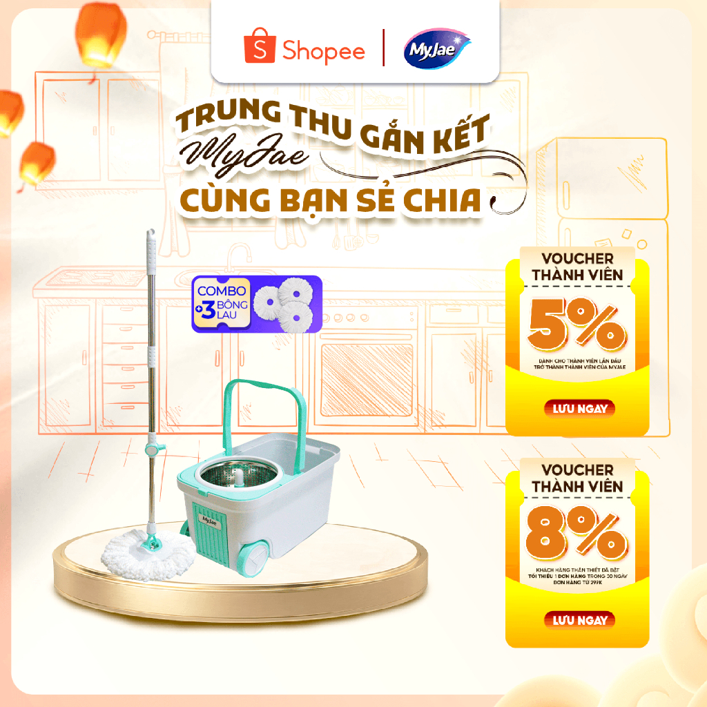3 Bông Lau + 1 Bộ Lau Nhà MyJae Đài Loan Sợi Microfiber Xoay Siêu Tốc 360 MyJae