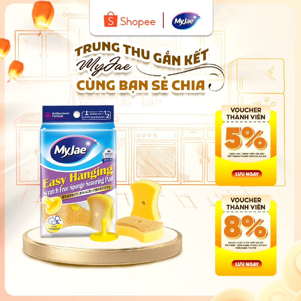 Set 2 miếng bọt biển rửa chén bát mút xốp MyJae đa năng kèm miếng nhựa hít kê - Gọn gàng, tiện lợi