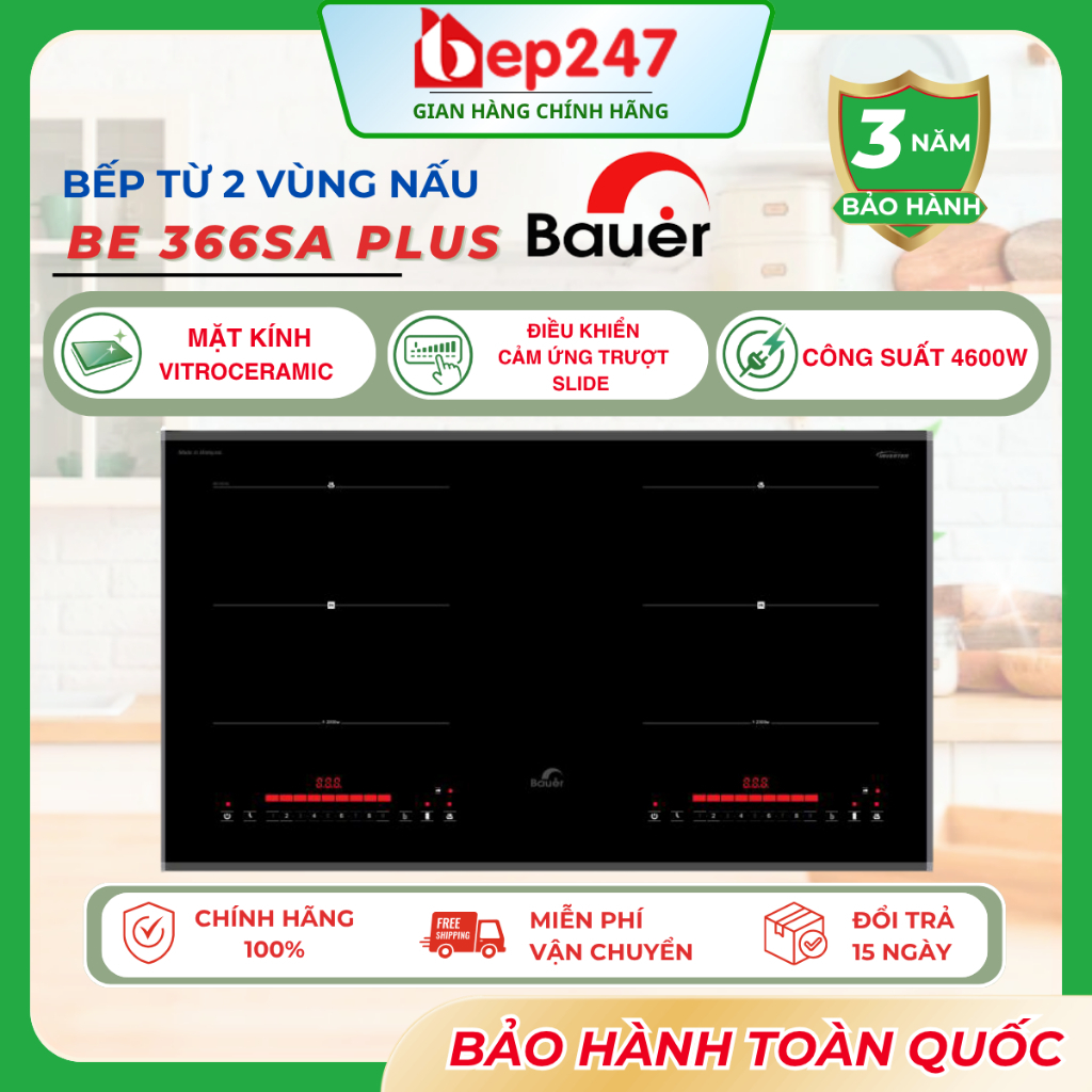 Bếp Từ Bauer BE 366SA Plus 2 Vùng Nấu Inverter Booster 4600W Mặt Kính Euro Diamond Chính Hãng