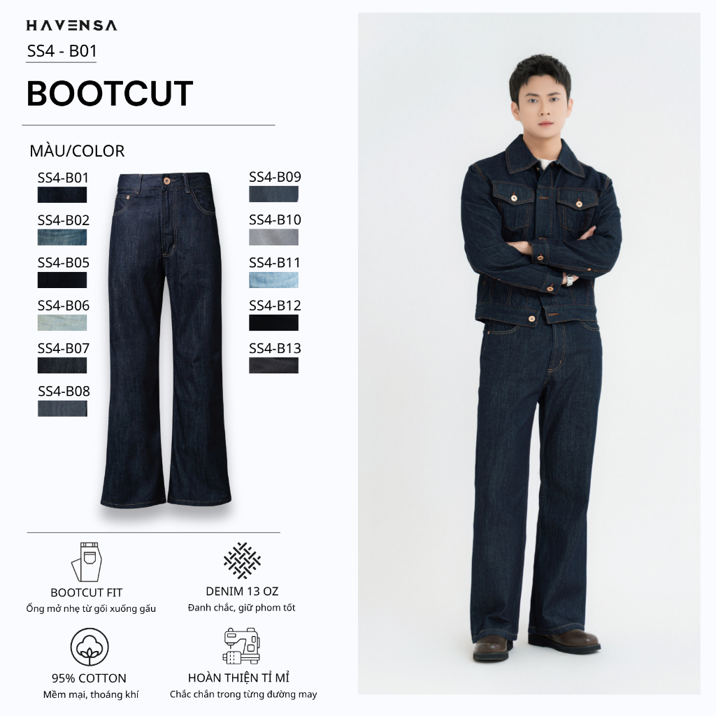 [SS4] Quần jean form bootcut Haven’s, quần ống loe nam màu raw denim vừa vặn thoải mái, chất liệu 95