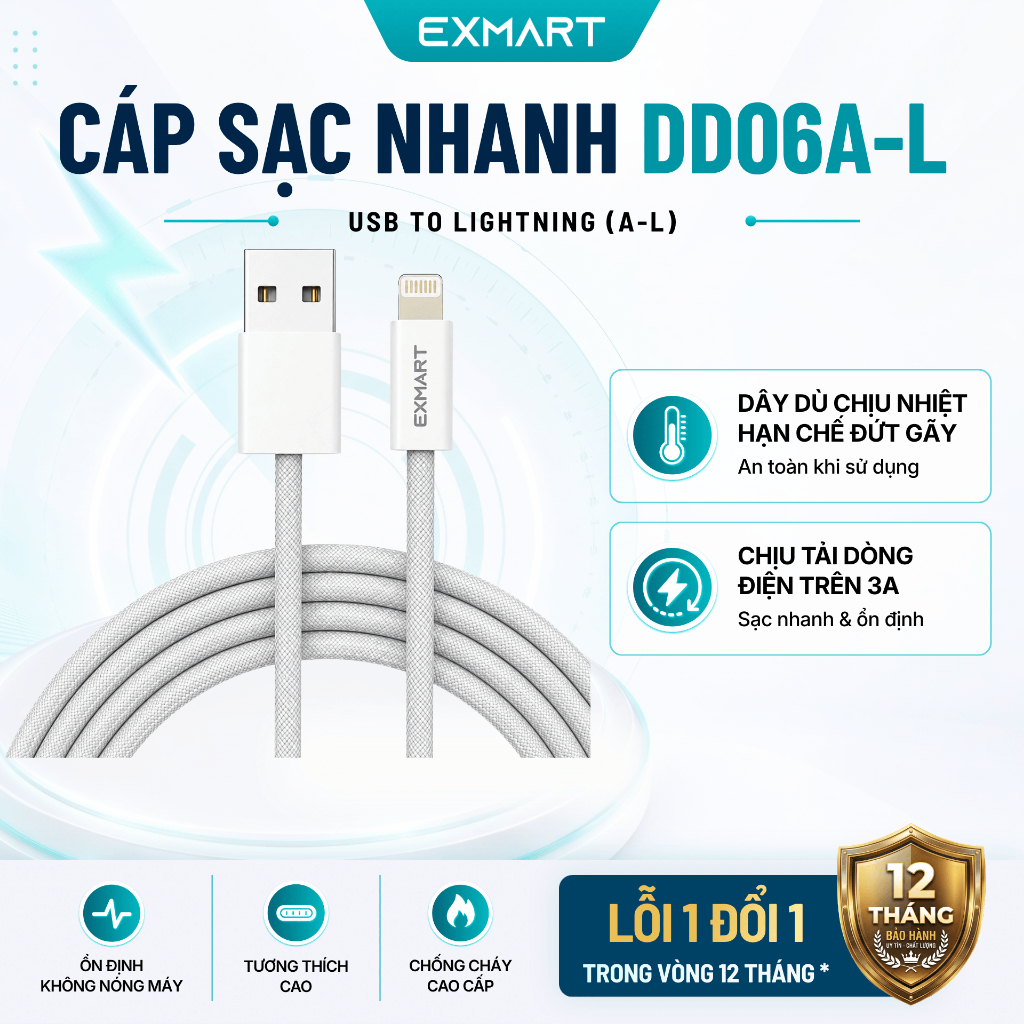 Cáp Sạc Nhanh EXMART DD06A-L Usb Sang Lightning 1M - Bảo Hành 12 tháng - Sạc Cho Iphone - Lõi Đồng
