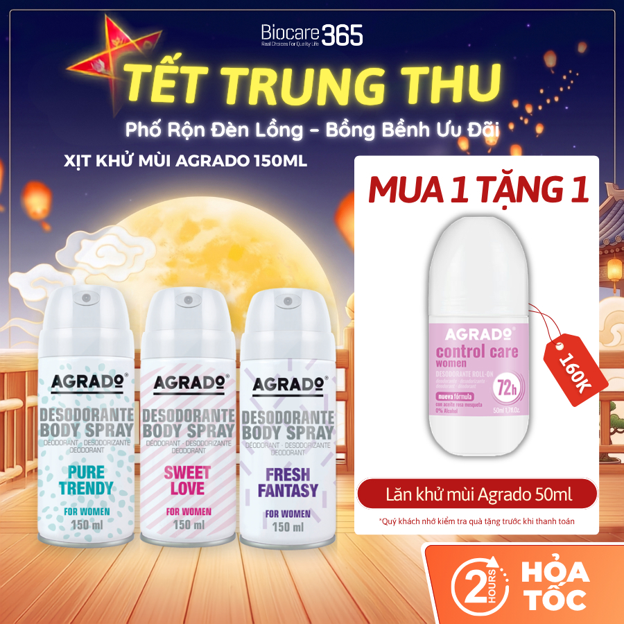Xịt khử mùi body nữ Agrado hương nước hoa Châu Âu Sweet Love/Pure Trendy/Fresh Fantasy hạn chế mùi c