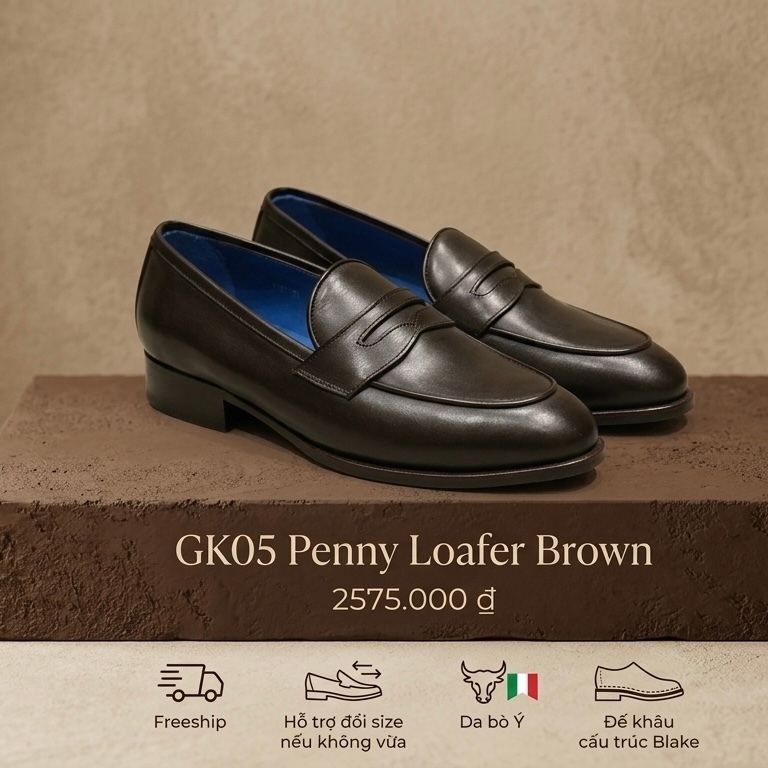 GIÀY PENNY LOAFER GK05 BROWN – DA BÒ Ý MÀU NÂU, KHÂU ĐẾ BLAKE THỦ CÔNG