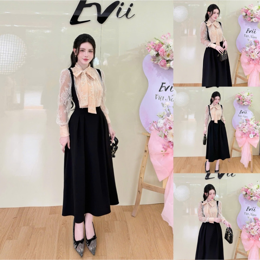 2HS91 - Váy Thiết Kế Eviici dành cho nữ,thiết kế cổ trụ phối ren, dây nơ liền dáng A xòe dài
