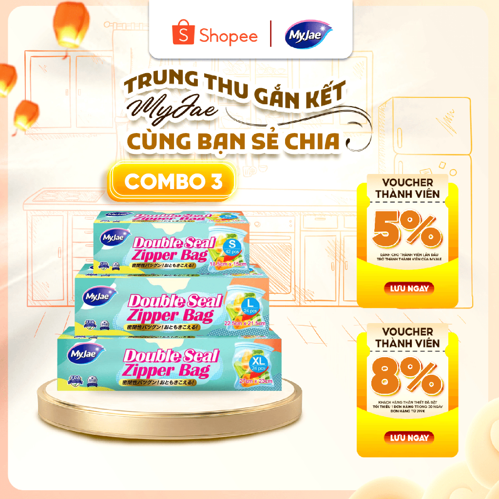 Combo 3 (1S+1L+1XL) Túi zip đựng thực phẩm trong suốt MyJae - Nhiều kích thước, đựng thực phẩm an to