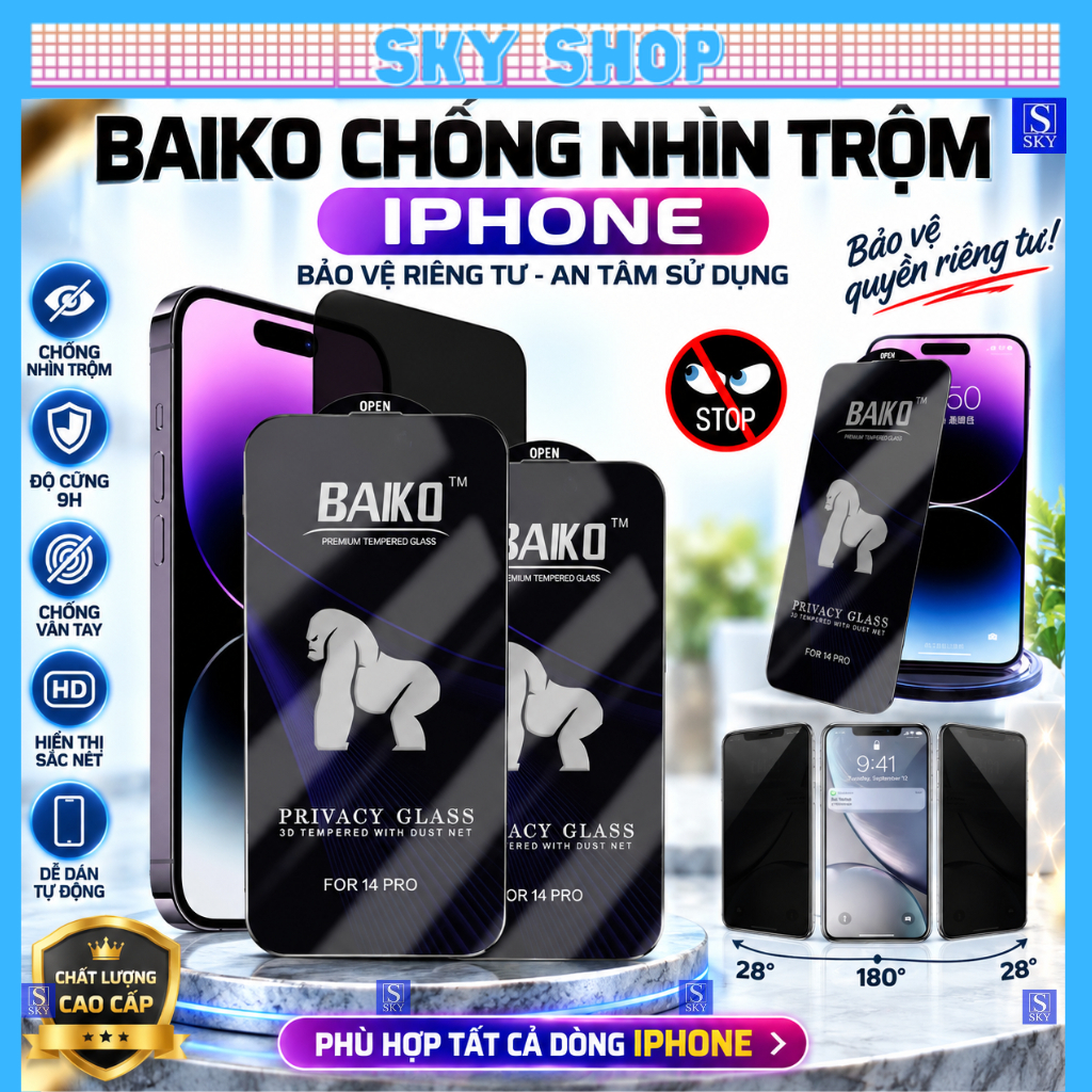 Cường lực chống nhìn trộm baiko iphone 17 ProMax 17 Air 16 ProMax 15 11 promax…