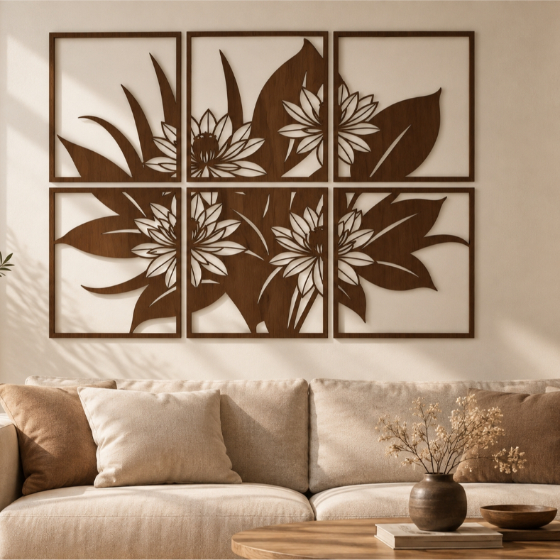 Tranh Gỗ Treo Tường Hoa Lá Decor 6 Tấm Gỗ Plywood 6mm Trang Trí Phòng Khách Phòng Ngủ