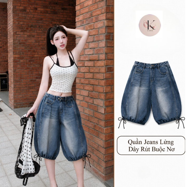 Quần Jean Lửng Nữ J89 Dáng Balloon Wash Xanh, Lưng Thun Sau, Gấu Dây Rút Nơ Xinh