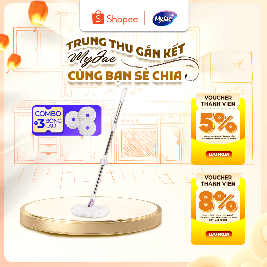 [Combo 3 bông+1 cây lau ] Cây Lau Nhà Đơn MyJae – Xoay 360°, Sợi Microfiber Cao Cấp  [Dài 134cm]