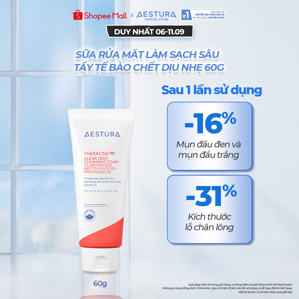 Sữa rửa mặt tạo bọt làm sạch sâu và dưỡng ẩm dành cho da dầu mụn AESTURA THERACNE365 Clear Deep Clea
