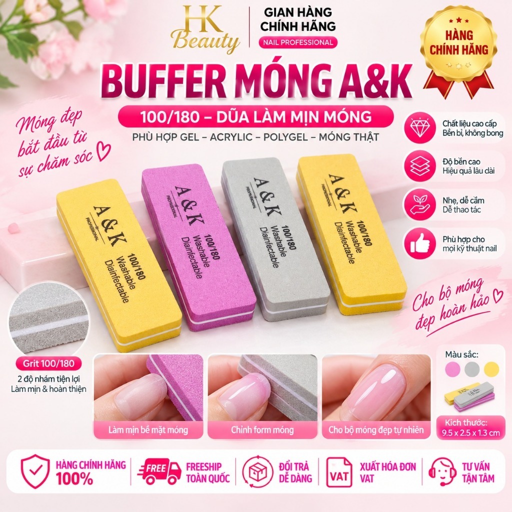 Buffer Móng A&K 100/180 – Buffer Khối Chà Móng – Dũa Làm Mịn Móng Gel Acrylic Polygel