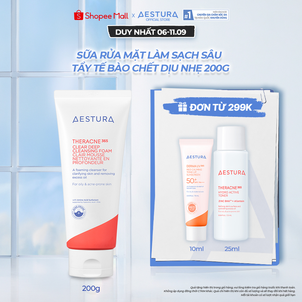Sữa rửa mặt tạo bọt làm sạch sâu cho da dầu mụn AESTURA THERACNE365 Clear Deep Cleansing 200g