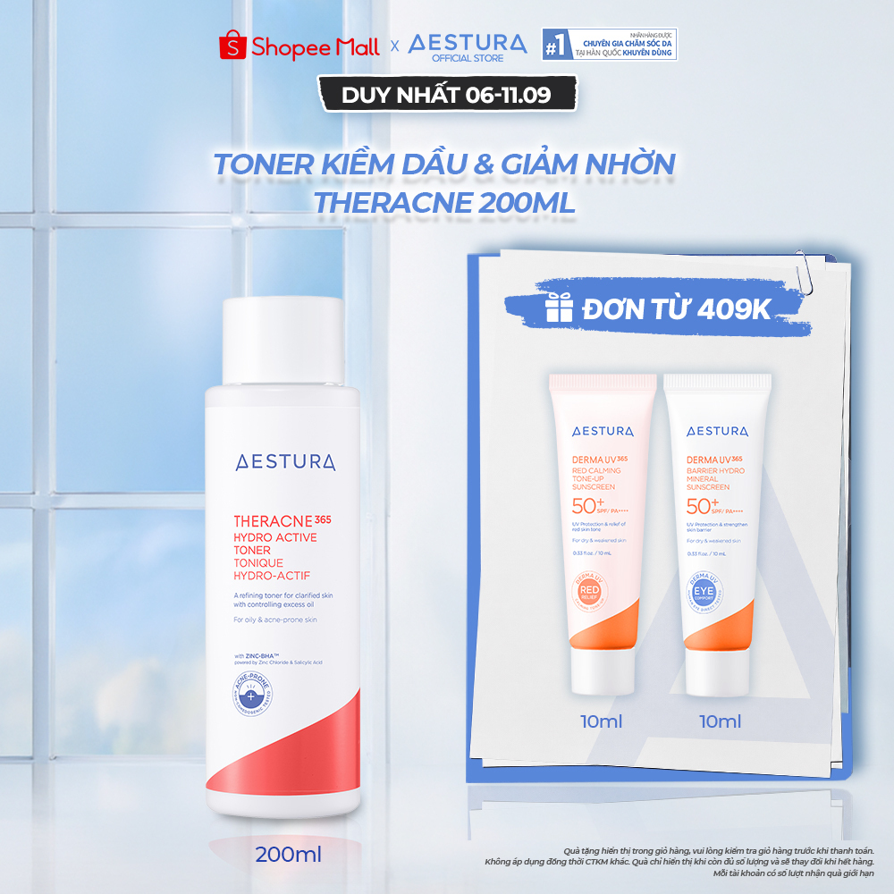 Toner cấp ẩm và kiểm soát bã nhờn dành cho da dầu mụn AESTURA THERACNE365 Hydro Active Toner 200ml