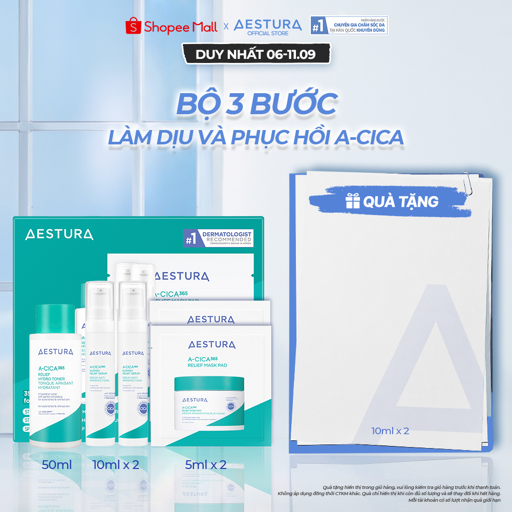 Bộ Sản phẩm 3 bước làm dịu & phục hồi da AESTURA 3-STEP RELIEF FOR SENSITIVE SKIN (Toner 50ml x Seru
