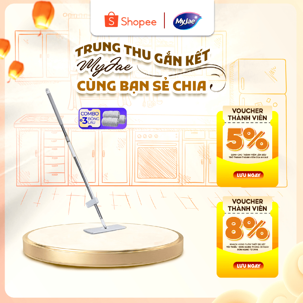 [Combo 3 bông+1 Cây] Cây Lau Nhà 125cm MyJae Đài Loan Sợi Polyester Kéo Vắt Thông M