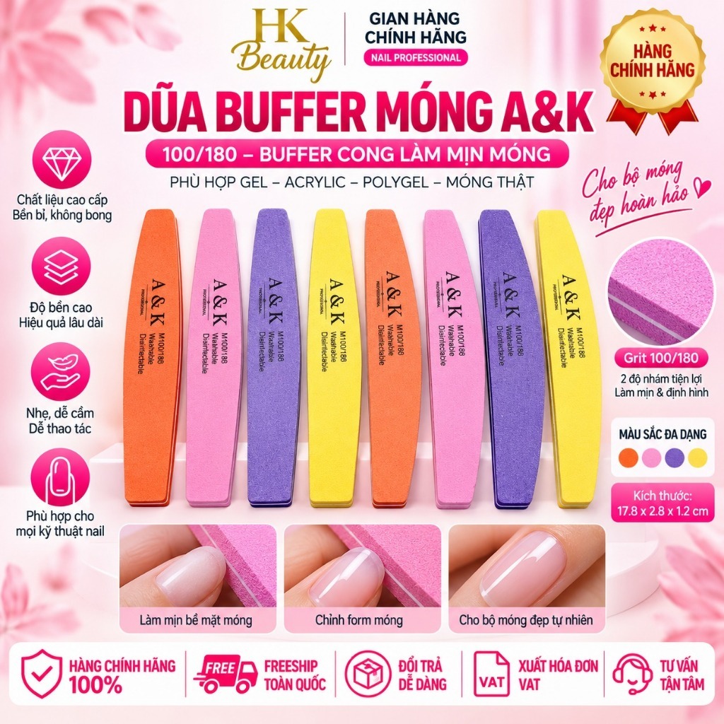 Dũa Buffer Móng A&K 100/180 – Buffer Cong Làm Mịn Móng – Chỉnh Form Gel Acrylic Polygel – Washable