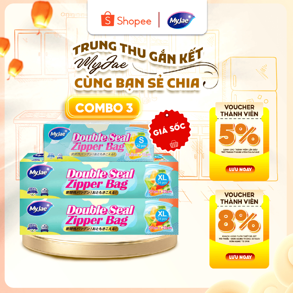 [COMBO 3 2XL+1S] Túi zip đựng thực phẩm trong suốt MyJae - Nhiều kích thước, đựng thực phẩm an toàn,