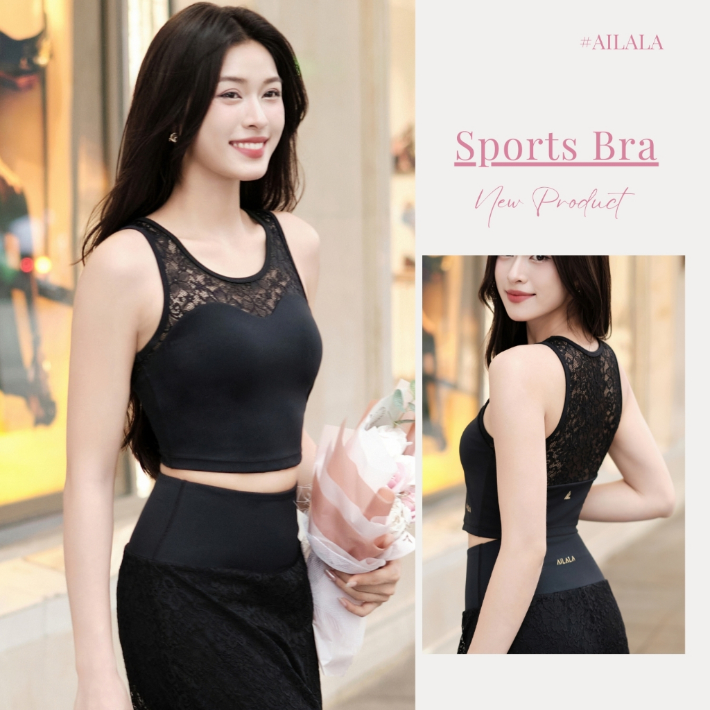 AiLALA LUX03 Áo Croptop Tập Gym Yoga Pilates Nữ Sẵn Đệm, Cổ U Phối Ren, Thiết Kế Tôn Dáng, Size S–XL
