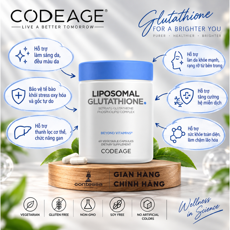 Viên uống làm sáng da Codeage Liposomal Glutathione 500mg (Setria L-Glutathione)/1000mg 60 viên cty