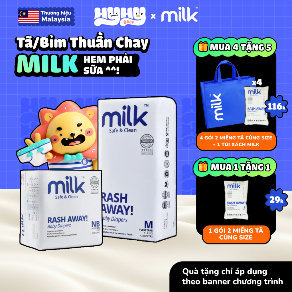 Tã Bỉm Thuần Chay MILK Malaysia Cao Cấp Cho Bé - Bỉm Dán Và Quần Siêu Thấm Hút, Siêu Mềm, An Toàn Ch