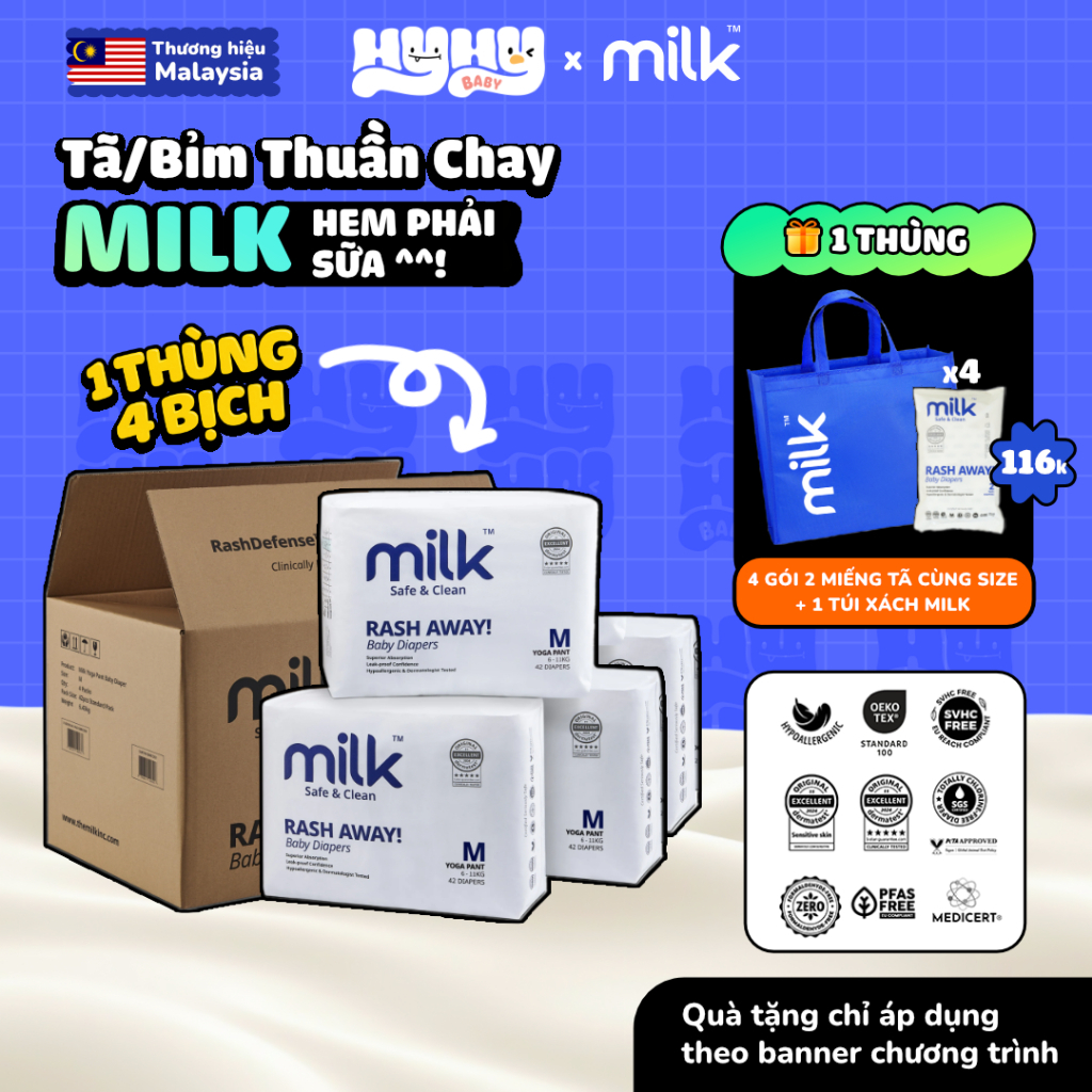 [COMBO 1 THÙNG 4 BỊCH] Tã Bỉm Thuần Chay MILK Malaysia Cao Cấp Cho Bé - Bỉm Dán Và Quần Siêu Thấm Hú