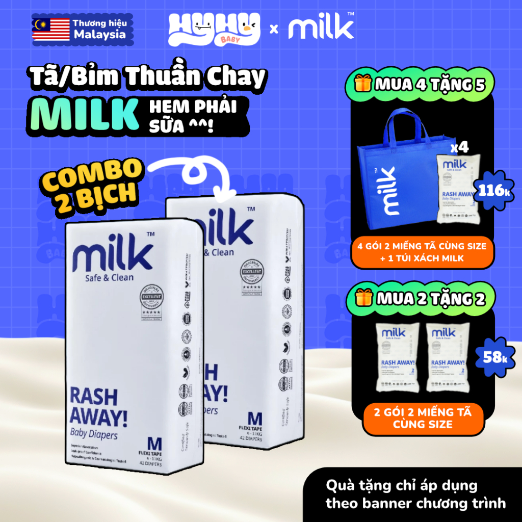 [COMBO 2 BỊCH] Tã Bỉm Thuần Chay MILK Malaysia Cao Cấp Cho Bé - Bỉm Dán Và Quần Siêu Thấm Hút, Siêu 