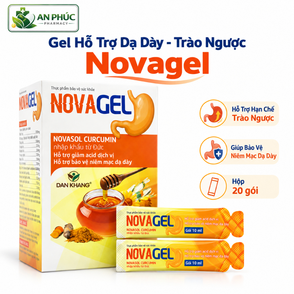 Gel Dạ Dày Novagel Curcumin - Hỗ Trợ Hạn Chế Trào Ngược, Giúp Bảo Vệ Niêm Mạc Dạ Dày, Hộp 20 Gói