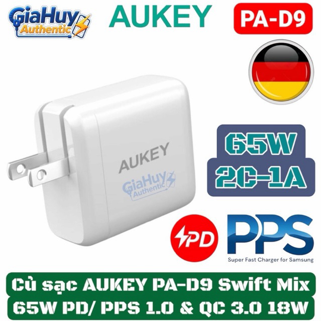 Củ sạc nhanh AUKEY PA-D9 Swift Mix 65W 2C-1A | PD/ PPS 1.0 | Chân cắm Dẹt Gập