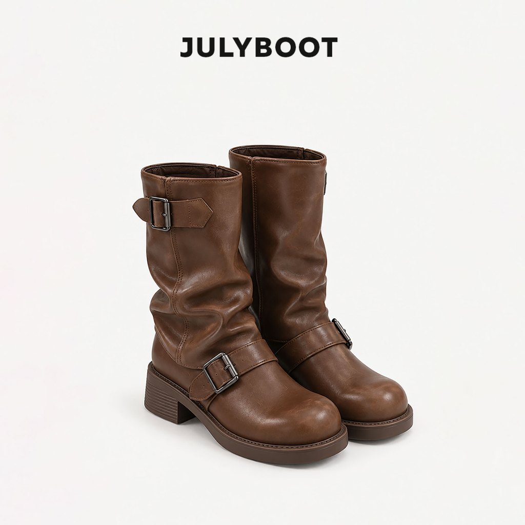 Boot nâu nữ Cổ Cao Bốt Cao Bồi Đế 6 cm Biker boots Mang Kiểu Chùng Phong Cách vintage Cực Xinh bik1