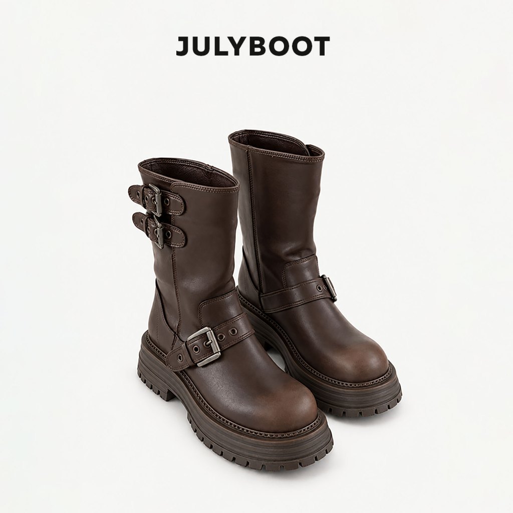 𝑷𝒂𝒏𝒔𝒚 𝐛𝐨𝐨𝐭𝐬 Boot nâu nữ Cổ Cao Bốt Cao Bồi Biker boots phối khuy- Phong Cách vintage Hot trend Nâu T