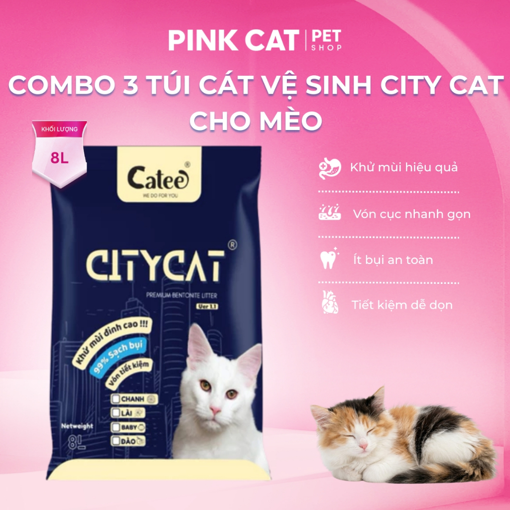 [COMBO 3 TÚI 8L/3.7kg] Cát Vệ Sinh Cho Mèo CityCat Khử Mùi Tốt Vón Cục Nhanh, Giữ Khay Sạch, Dễ Dọn