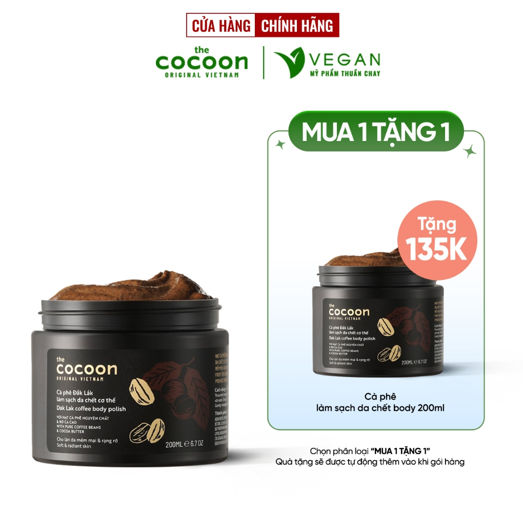 CÀ PHÊ ĐẮK LẮK LÀM SẠCH DA CHẾT CƠ THỂ THE COCOON VIỆT NAM 200ML VEGAN - Mỹ phẩm thuần chay