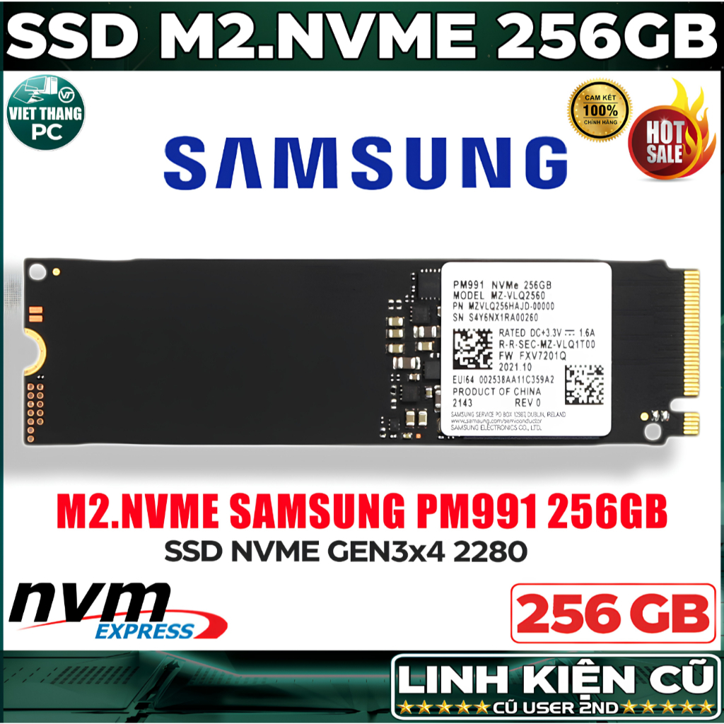 Ổ cứng SSD Samsung M2.Nvme PM991 256GB Gen3x4 2280 Zin chuẩn xịn bền Đã qua sử dụng ( Cũ - 2nd )