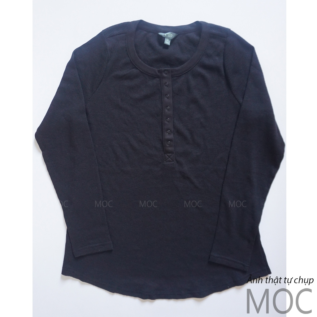 (Ngực 103-110) Áo dài tay cổ henley vải waffle nữ bigsize màu đen xuất dư