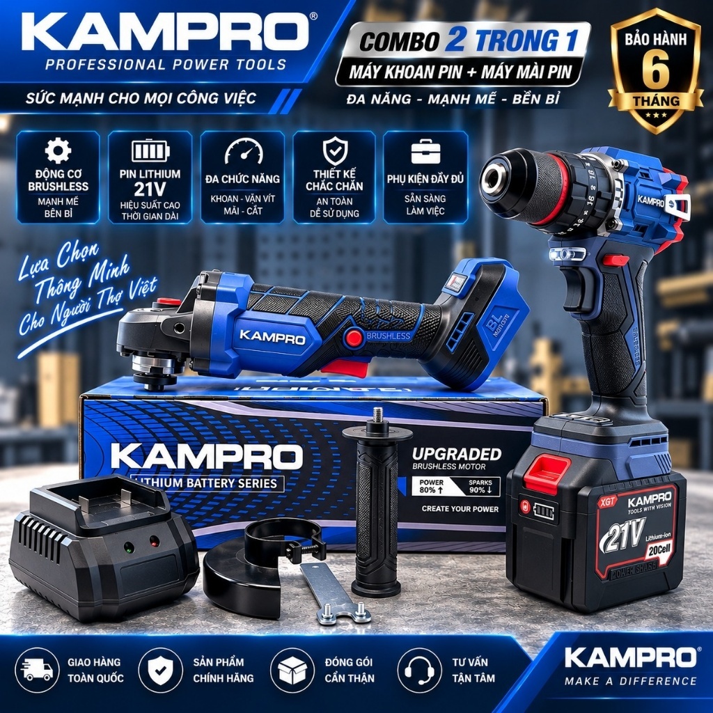 Combo KAMPRO Máy Mài K96100PRO, Máy Siết Bulong K888 , Máy Khoan 10Li K21pro , Kèm Pin 20Cell Sạc - 
