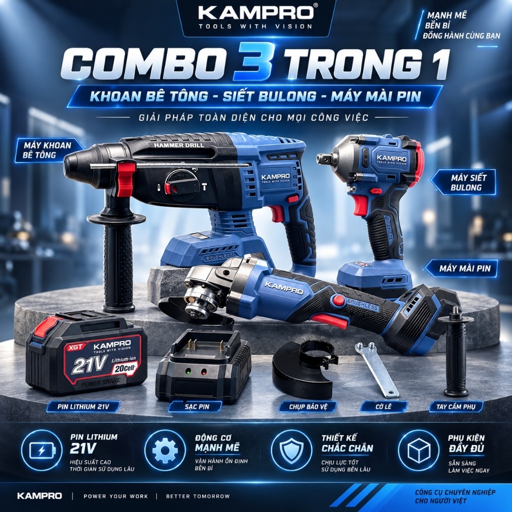 ComBo KAMPRO Máy Mài K96100PRO, Máy Siết Bulong K888 , Khoan Bê Tông K9626 , Kèm Pin 20Cell Sạc - Độ