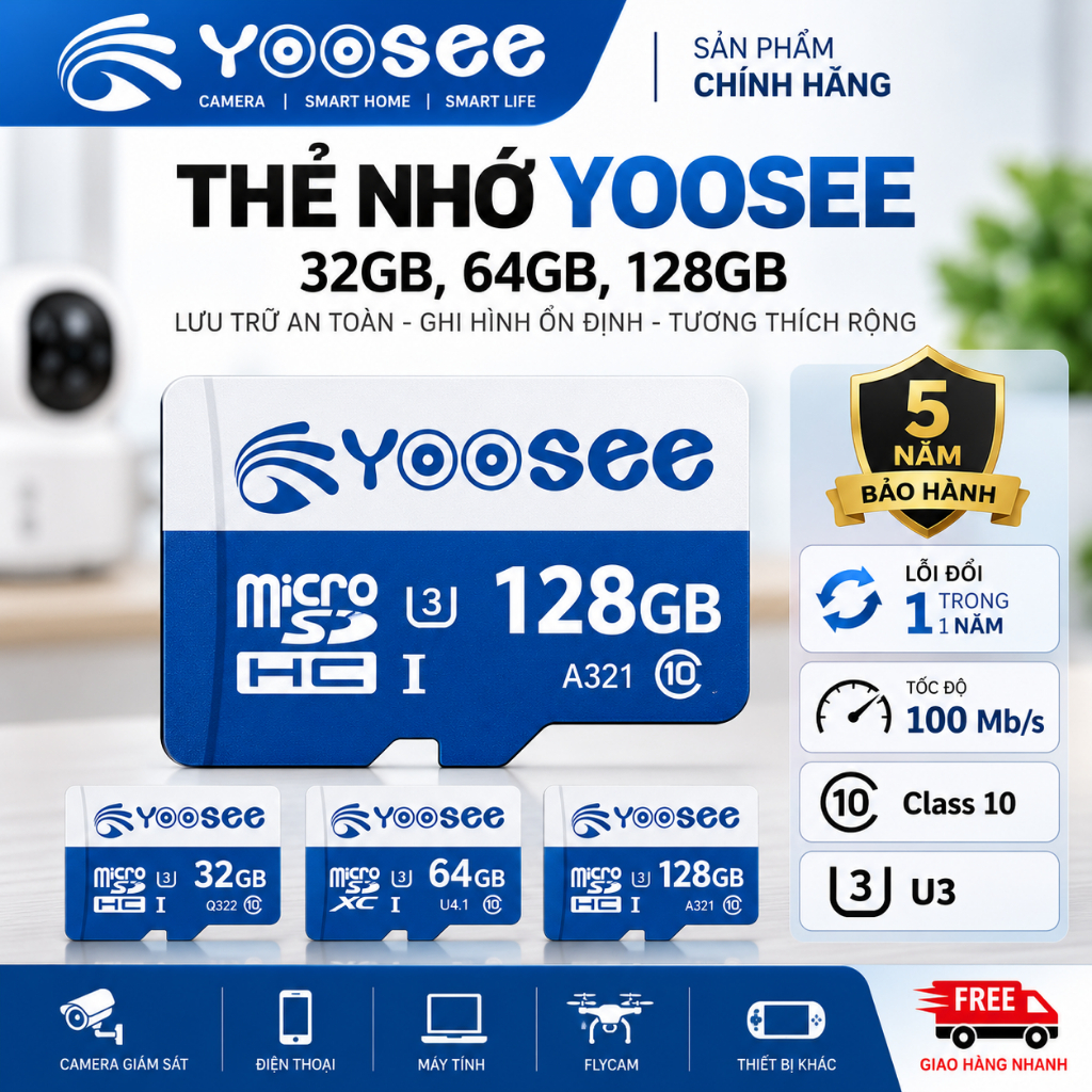 Thẻ Nhớ Yoosee 128GB /64GB /32GB Tốc Độ Cao, Class 10, Chuyên Dụng Camera, Loa Đài, Điện Thoại - Thẻ