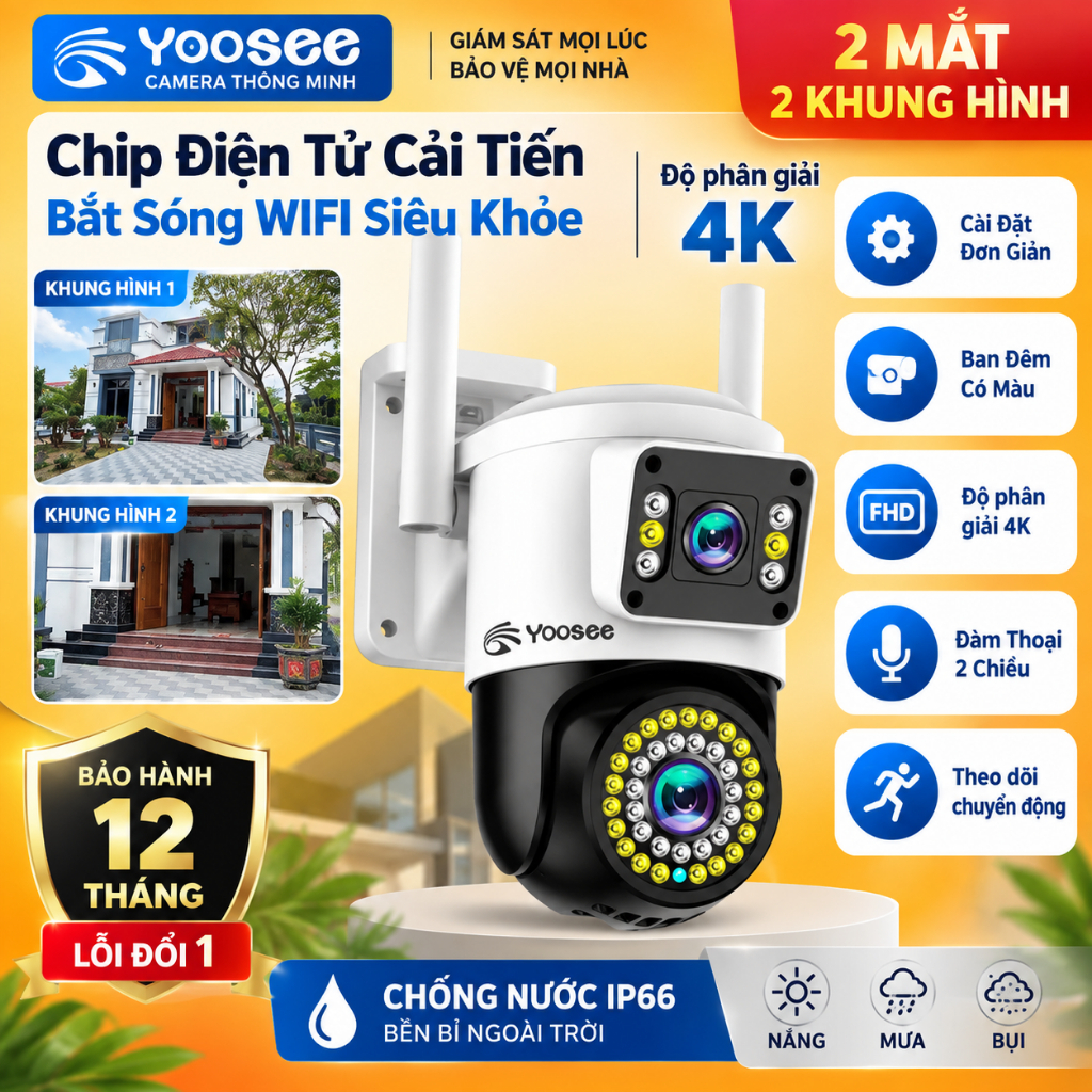 Camera Yoosee Wifi 2 Mắt Ngoài Trời Chống Nước Q42D pro Chip 2026 chất lượng 16Mpx-Ban Đêm Có Màu