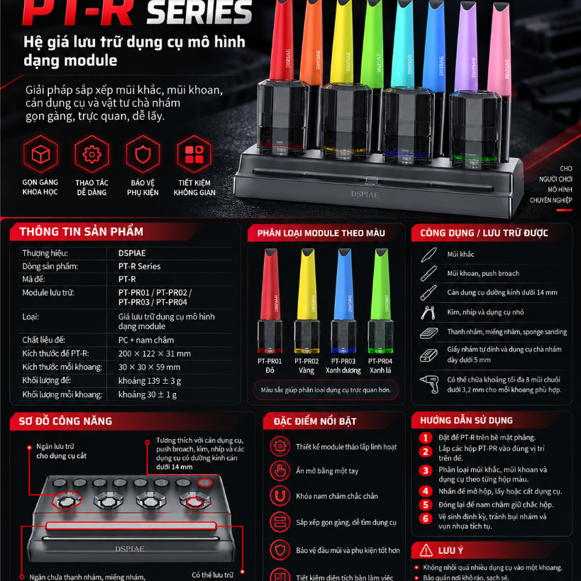 DSPIAE PT-R Series – Giá Đỡ Dụng Cụ & Hộp Lưu Mũi Khoan, Dao, Kìm Chuyên Dụng Cho Gunpla, Airbrush &