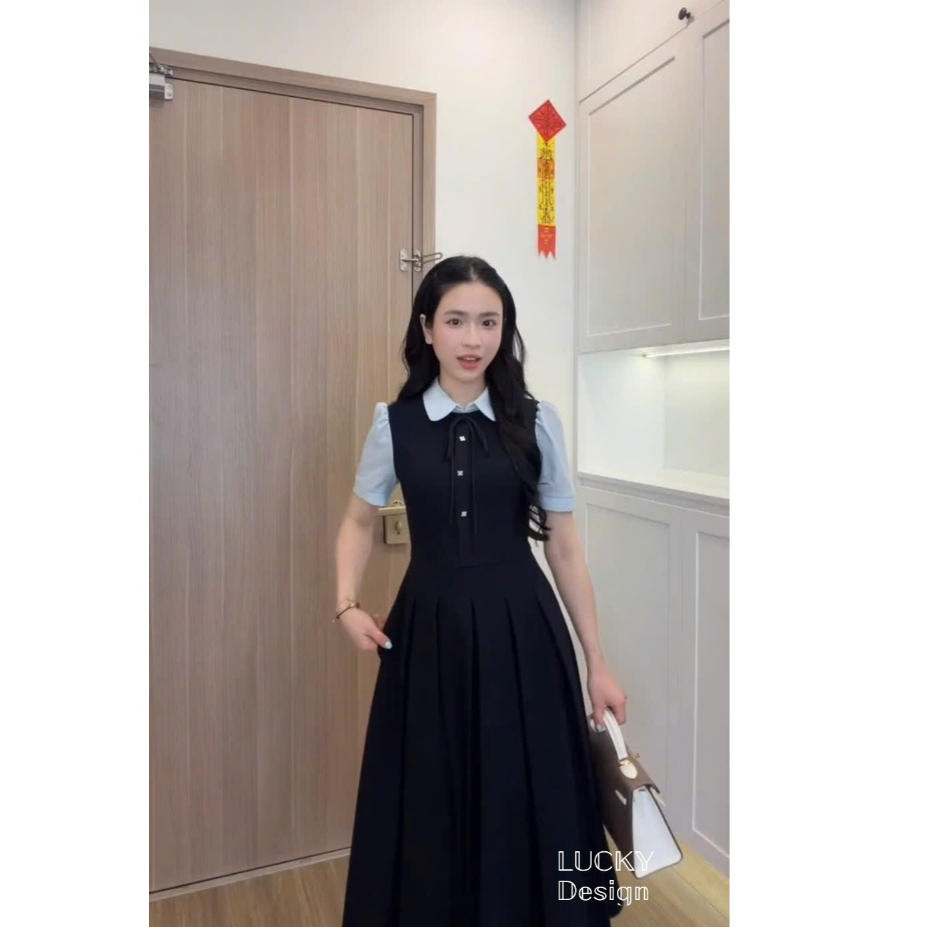 LK0609- ĐẦM CỘC TAY CÔNG SỞ DÁNG DÀI CỔ SƠ MI PHỐI XANH CHÉO Ý