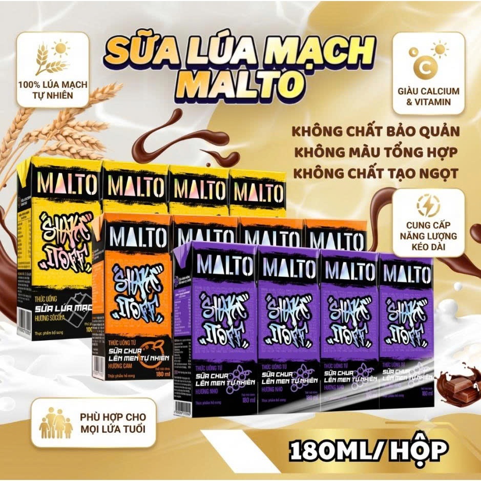 MALTO Sữa Lúa Mạch - Hương vị Nho, Bạc Hà, Socola, Cam 48 Hộp x 180ml - tiện lợi