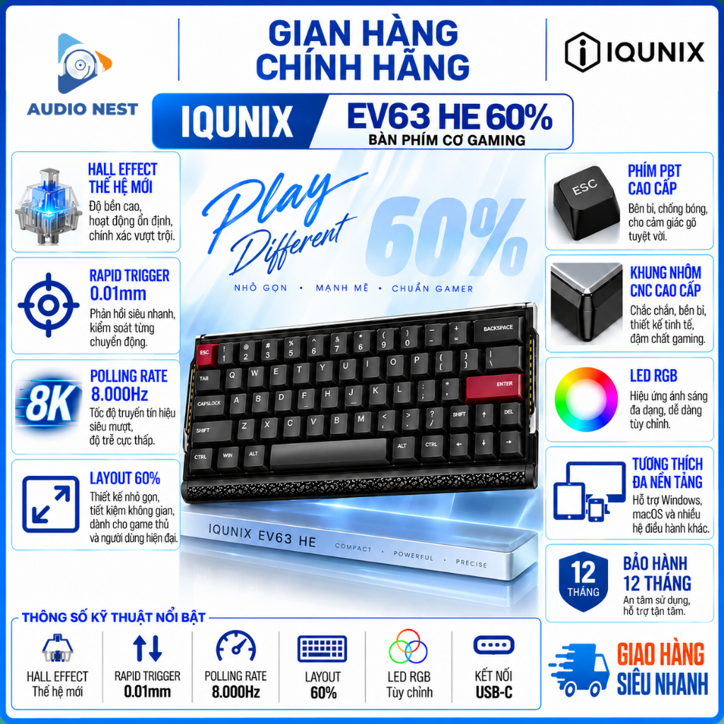Bàn Phím Cơ Gaming IQUNIX EV63 HE 60% | Rapid Trigger 0.01mm | 8K Polling Rate | BH 12 Tháng