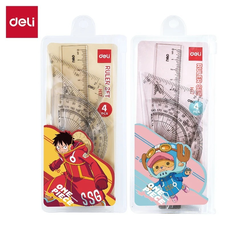Bộ 4 dụng cụ eke học sinh cue Deli One Piece Đảo hải tặc - 1 bộ eke thước kẻ đo góc tam giác vuông -