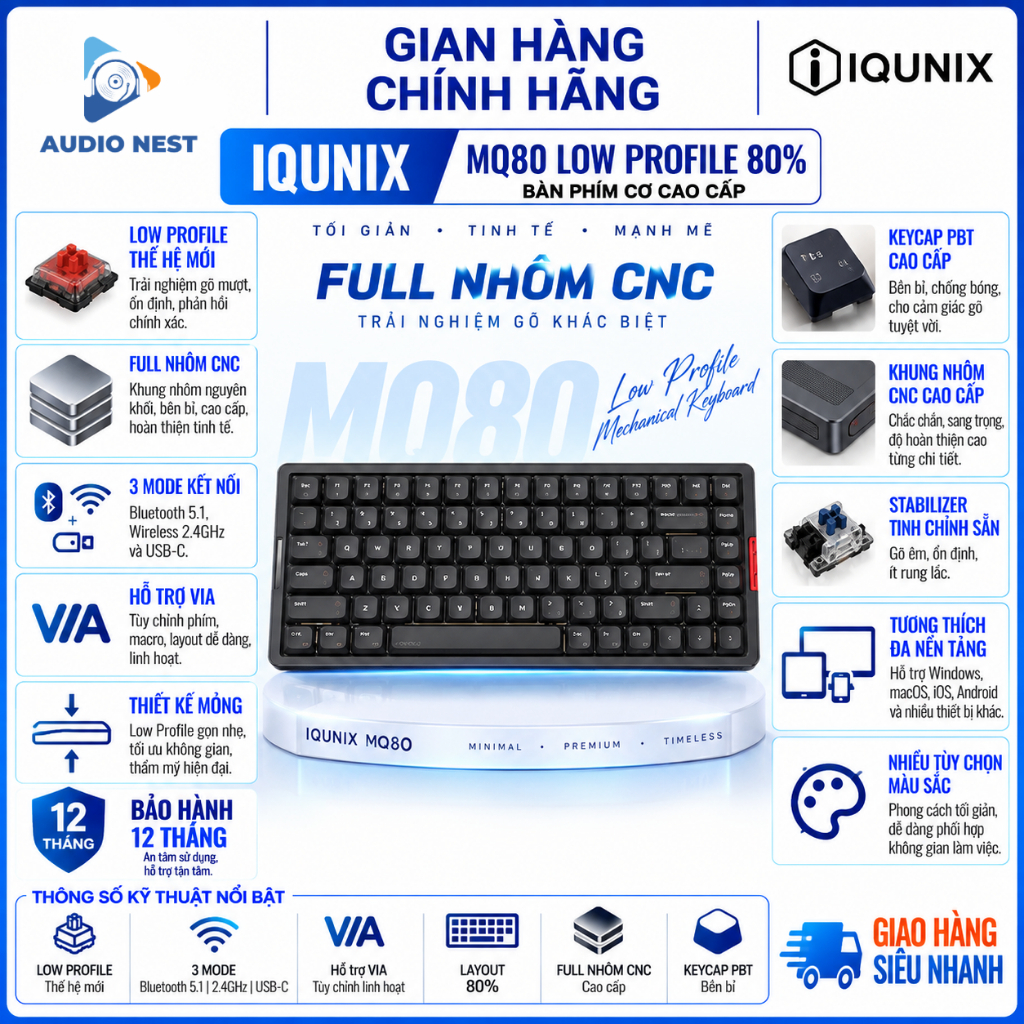 Chính Hãng | Bàn Phím Cơ IQUNIX MQ80 Low Profile 80% | Full Nhôm CNC | 3 Mode | BH 12 Tháng