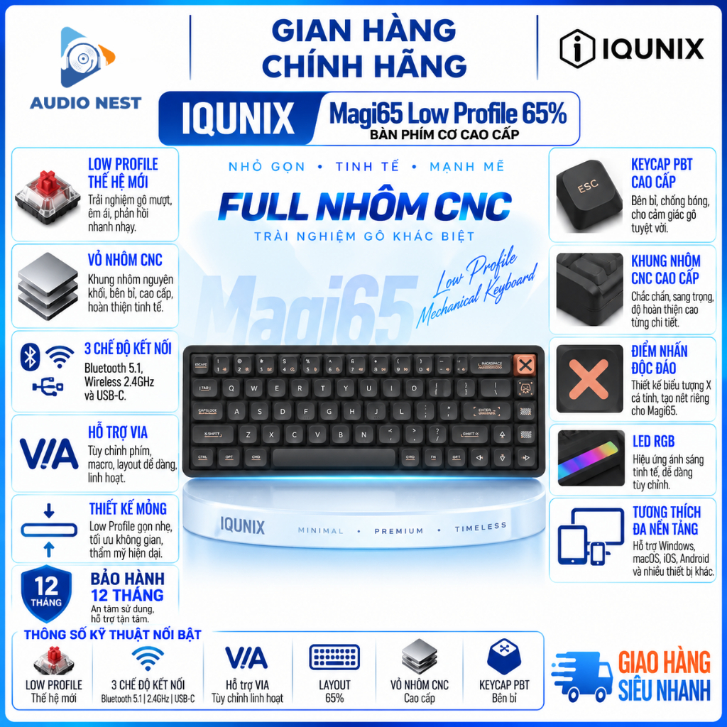 Bàn Phím Cơ IQUNIX Magi65 Low Profile 65% | Vỏ Nhôm CNC | Kết Nối 3 Chế Độ | VIA | BH 12 Tháng
