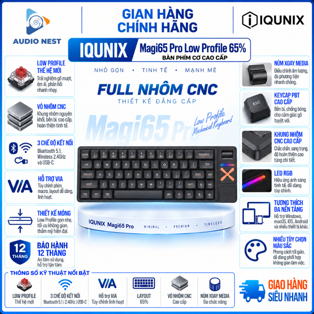 Bàn Phím Cơ IQUNIX Magi65 Pro Low Profile 65% | Vỏ Nhôm CNC | Núm Xoay Media | Kết Nối 3 Chế Độ