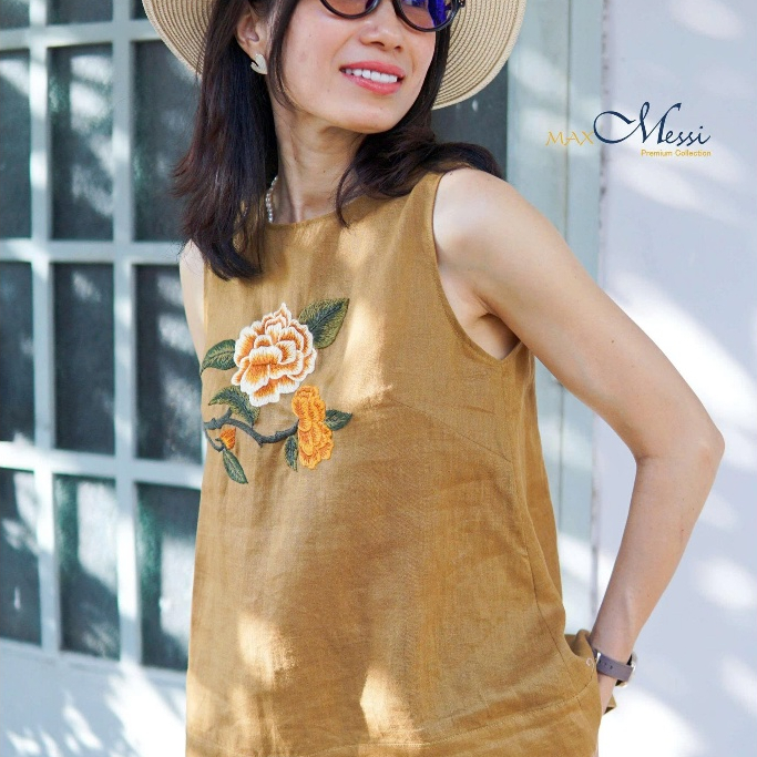 A30 Áo top linen sát nách thêu lan LALALAND