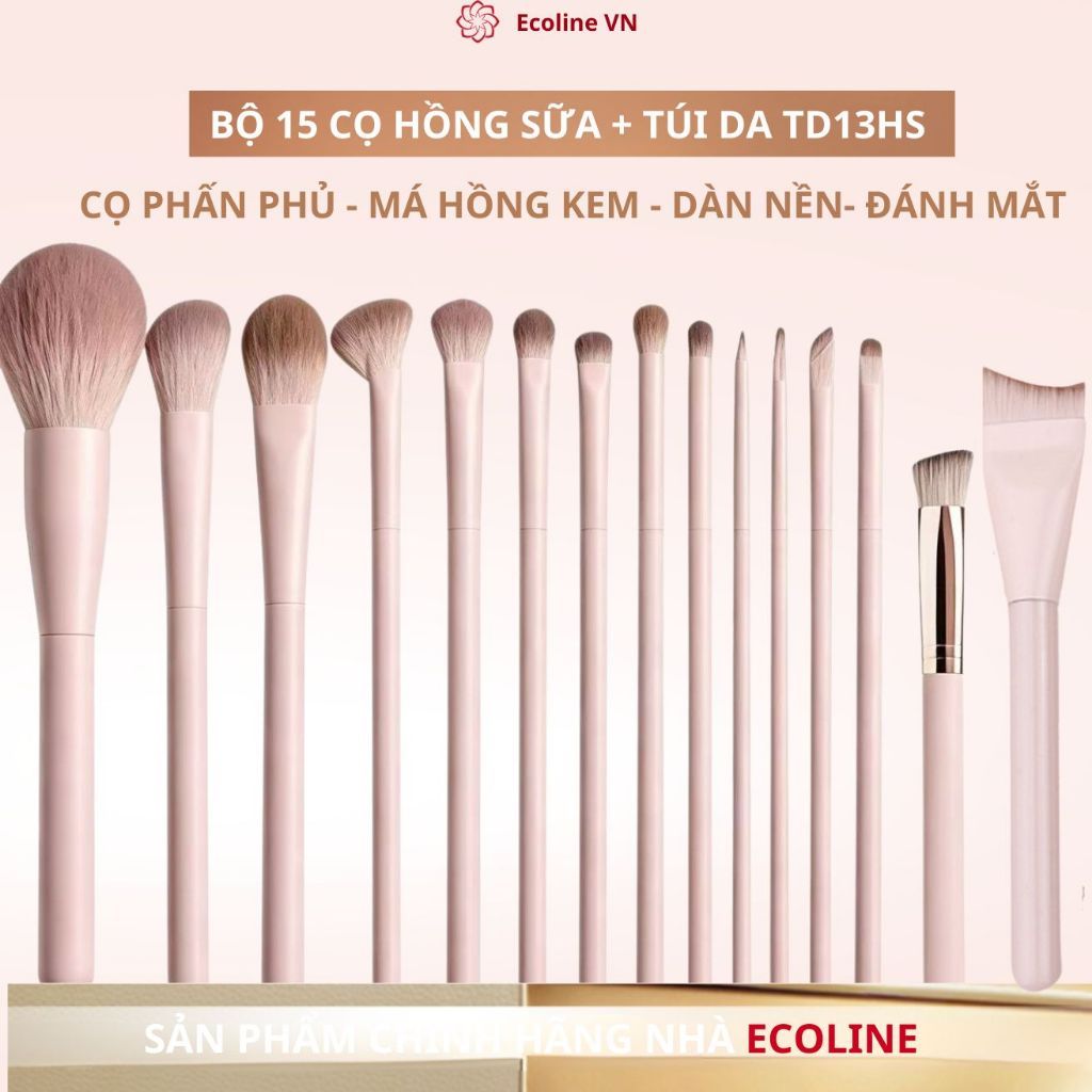 Bộ 15 cây cọ Makeup Ecoline màu hồng Sữa dàn nền phấn phủ tán son kẻ mắt