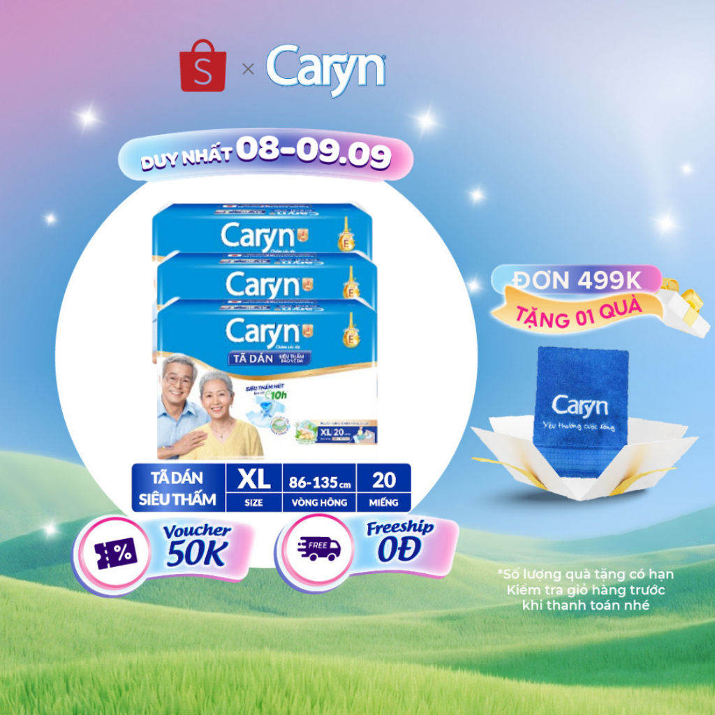 Bộ 3 Tã/Bỉm dán người lớn siêu thấm Caryn dành cho người hạn chế khả năng đi lại Size XL (10/20pcs)